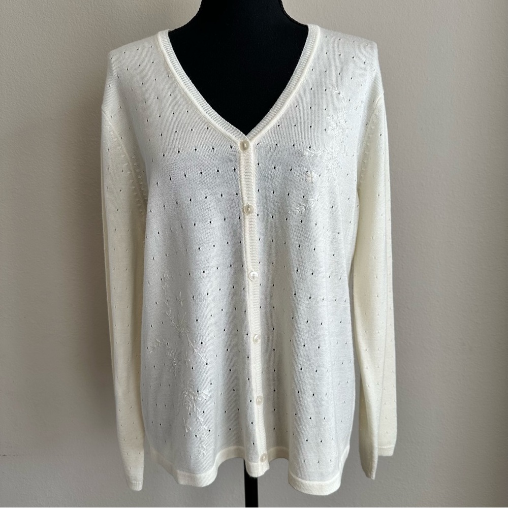 Vintage Joan Leslie Ivory Cream Embroidered‎ Cardigan Large Classic Lightweight